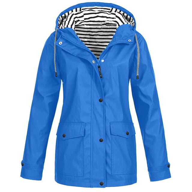 WEIYLL Womens Fleece Jacket Plus Outdoor Windproof Hooded Solid Color Raincoat Blue Cold Weather Tops Size 4XL