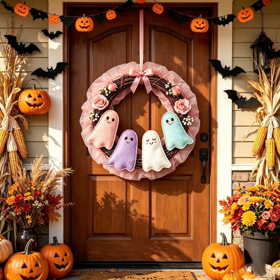 Halloween Ghost Wreath for Front Door, Cute Non-Scary Seasonal Home Decor, Handcrafted Cloth Wreath with Pastel Ghost Figurines for Indoor Outdoor Display