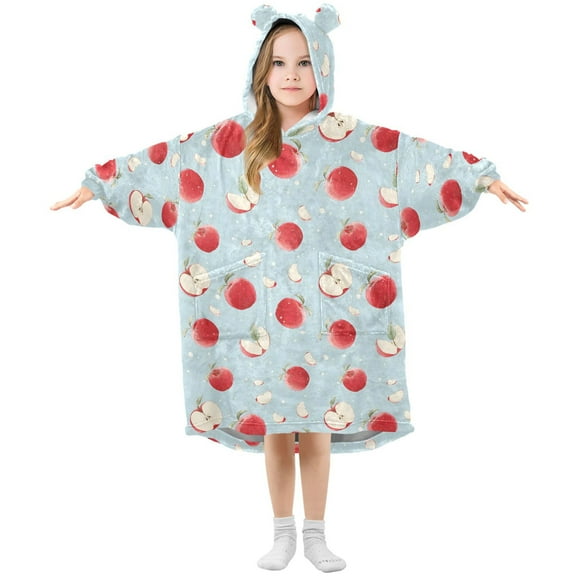 Wearable Blanket Hoodie for Kids Cute Apple Flannel Hooded Blanket with Pockets and Sleeves Suitable for Boys and Girls