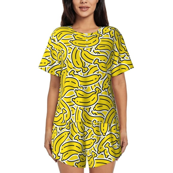 Fotbe Banana A Print Pajama Set for Women 2 Piece Loungewear Short Sleeve Tops and Shorts Set Soft Sleepwear-X-Large