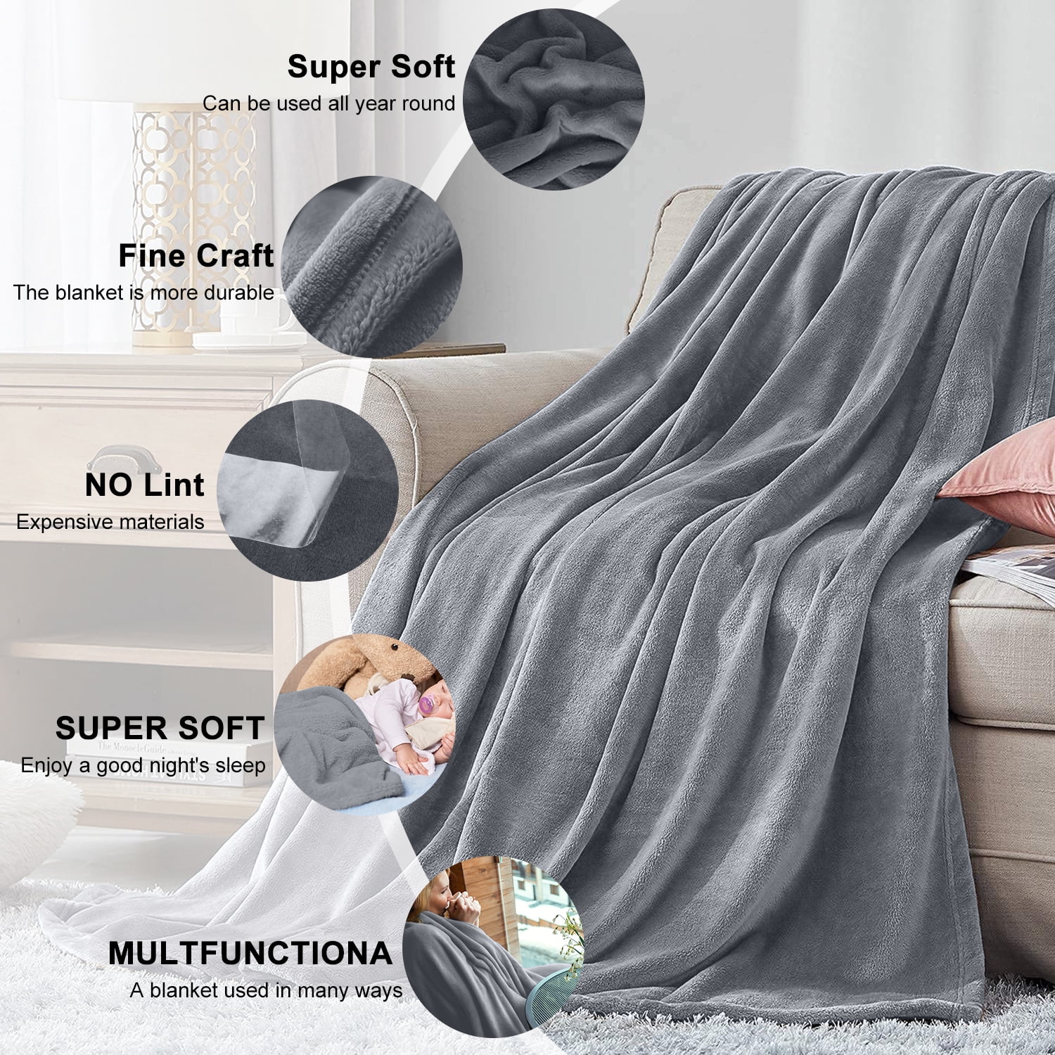 Astarin Throw Blanket, Twin Size Gray Blankets & Throws for Couch/Beds, Fuzzy and Cozy Blanket, 60x80 inches