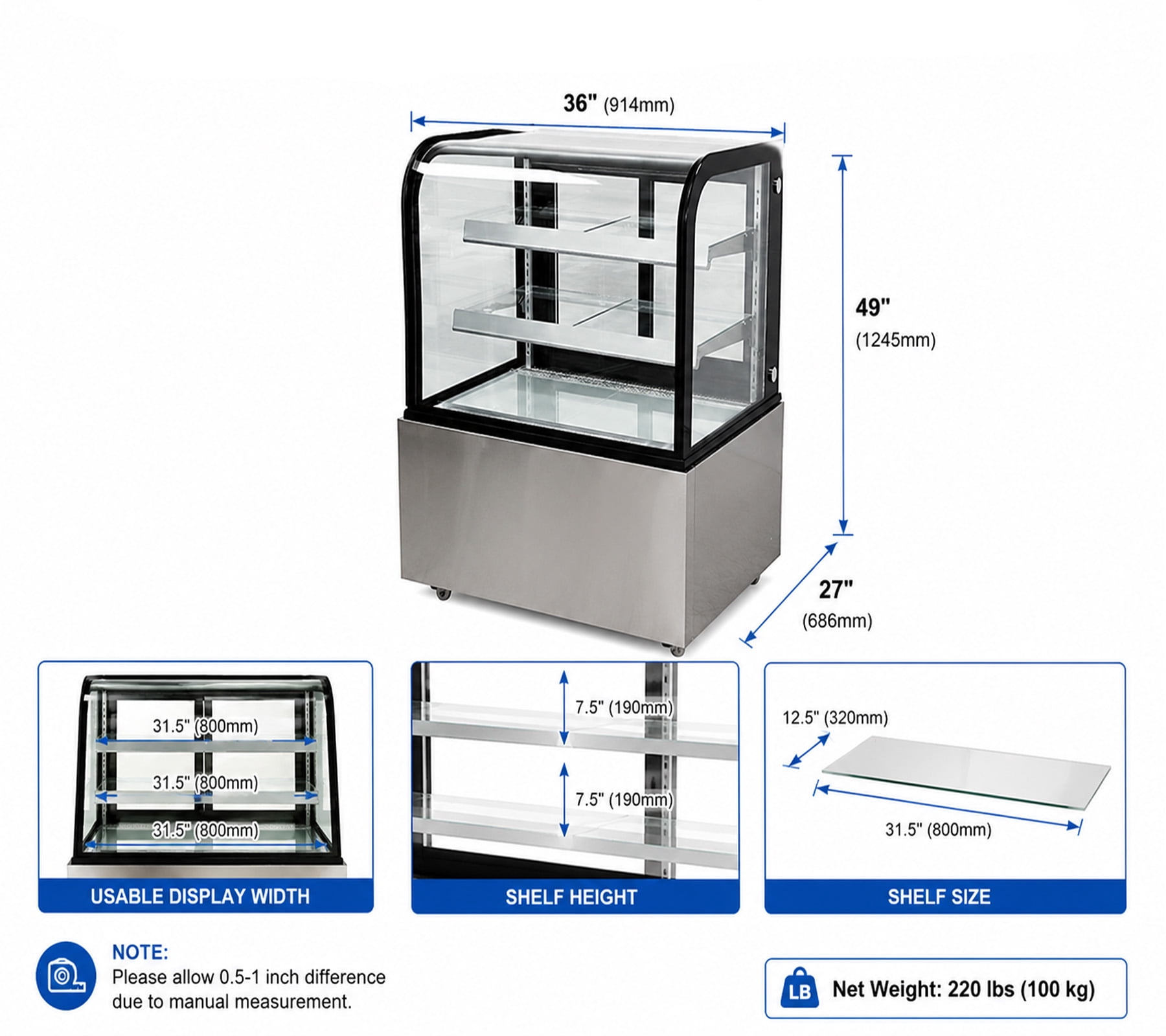 36" Commercial Refrigerated Bakery Display Case, Curved Glass Cake Showcase Refrigerator, LED Lighting, ETL