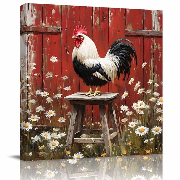 Rustic Farmhouse Rooster Daisy Flower Canvas Artwork Painting Art, Vintage Red Wood Chair Square Framed Wall Decorations Prints Picture for Bedroom Kitchen Living Room, 8x8 in