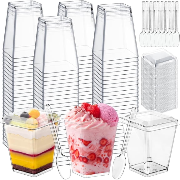 150 Pcs Mini Dessert Cups with Spoons and Lids, 5 Oz Square Vasitos Para Postres, Shooters Cups for Party, Clear Yogurt Parfait Cups for Pudding, Fruit, Mousse, Snacks & Appetizers