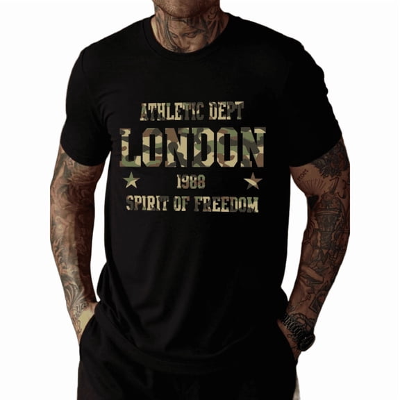 Whichone Men's 100% Cotton T-shirt Camouflage "London" letters Print Stylish Daiyly Wear,Black,Sizes S-2XL