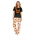 thumbnail image 2 of Family Halloween Pajamas Matching Sets, Black Jack‑o‑Lantern Face Soft Short Sleeve Top and Off‑White Pumpkin Print Long Pants, 2 Piece Holiday Sleepwear Halloween Family Pjs Set, 2 of 7
