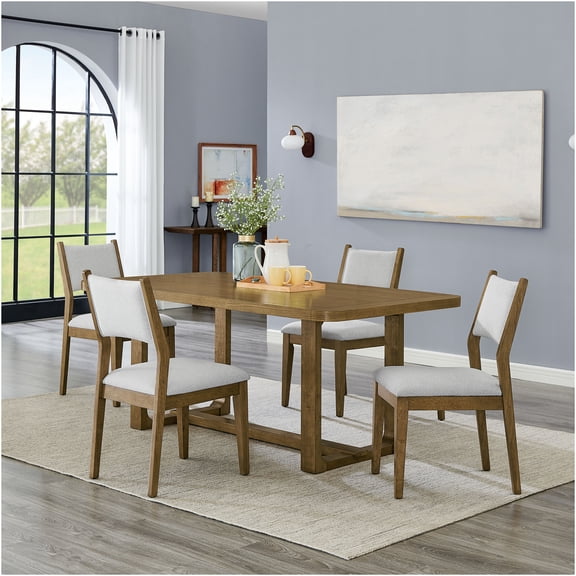 JERFIT 5-Piece Rectangular Dining Table Set with Sled Base, Brown Oak Finish, Light Gray Fabric Chairs for 6-Seater Dining Room