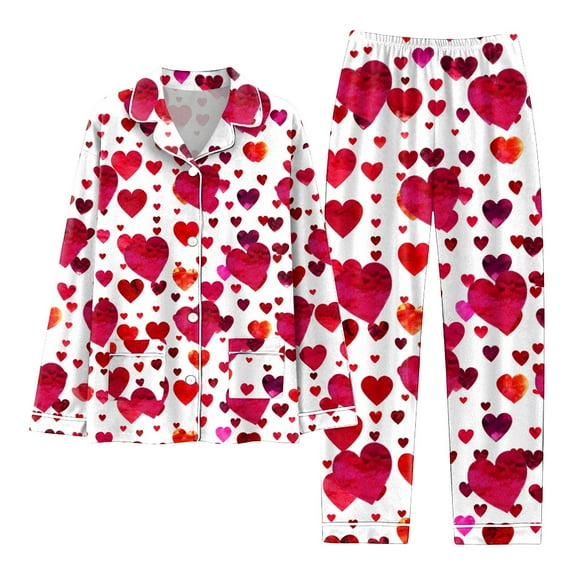 Women's 2 Piece Valentines Pajamas Cute Love Heart Print Plus Size Long Sleeve Button Down Shirts and Pant Soft Comfy Loose Sleepwear