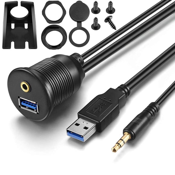 Urwoow Usb Flush Mount - 1M 3Ft 3.5Mm Y Usb 3.0 Soporte De Extensión Aux Montaje En Tablero Cable De Montaje En Panel De Montaje Empotrado Para Coche Barco Motocicleta