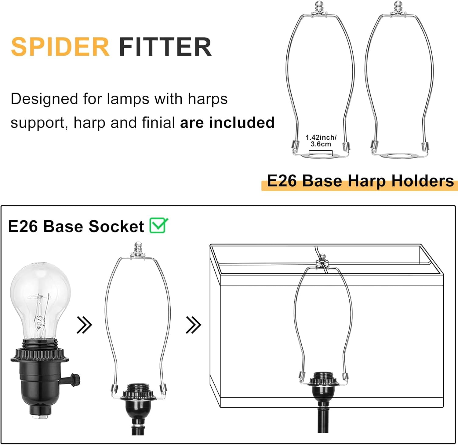 Black Lamp Shades Set of 2, Large Rectangle Lampshades Replacement, 16"L x 8"W x 10"H, Fabric Lamp Shade for Table Lamps Floor Lamps, Spider, Harp Holders Included, Easy Assembly Required
