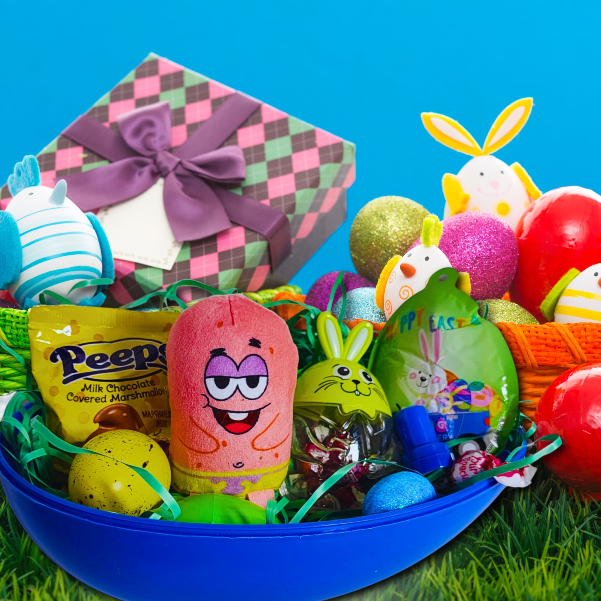 Happy Easter Basket Pre-Filled Surprise Jumbo Egg w/ Patrick Starfish Plushie Balloon Eggs Peeps Candies & Reusable Plastic Egg-Shaped Container Spring Party Favors (Contents Vary)