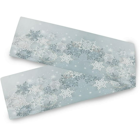 Silver Snowflakes Winter Christmas Table Runner 13.8x90 IN Snow Gary Blue Table Cloth Runner Rectangle Kitchen Runners for Holiday Tabletop Tablecloth Party