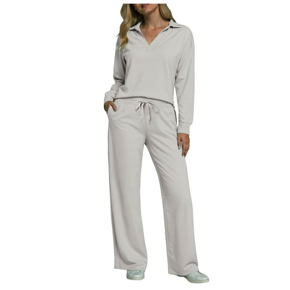 Quealent 2 Piece Sets For Women Fall Trendy Long Sleeve Sweatshirt Wide Leg Pants Loungewear Set Matching Sweatsuit Light Gray,Size M