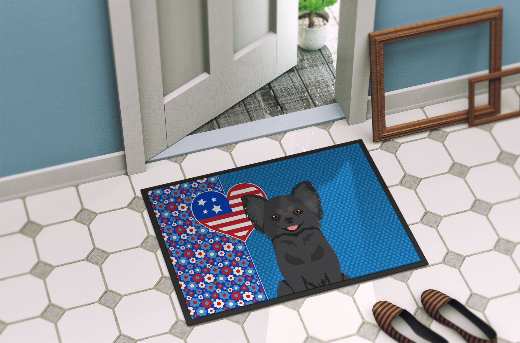 Longhaired Black Chihuahua Indoor or Outdoor Mat 24x36 36 in x 24 in
