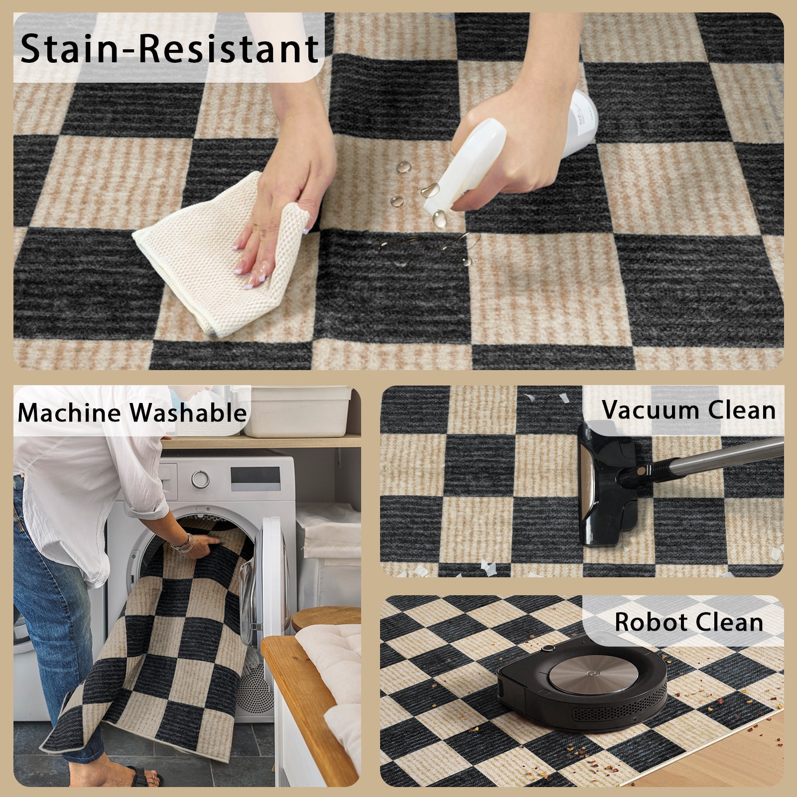 RUG ROBOT 6'x9' Area Rugs for Living Room, Washable Non-Slip Checkered Rugs for Bedroom, Dining Room, Soft Low-Pile Classic Farmhouse Geometric Indoor Large Accent Carpet, Black
