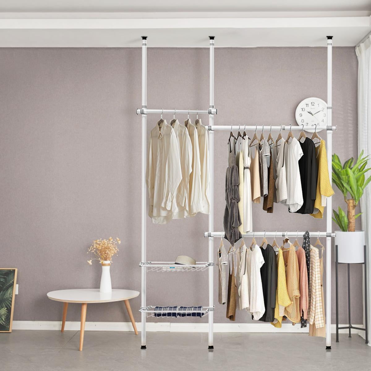 Giantex Double 2 Tier Adjustable Closet System Floor to Ceiling Clothes Hanger with 2 Storage Baskets Inner Spring Clothing Garment Rack Telescopic Closet Organizer for Living Room Bedroom Walmart