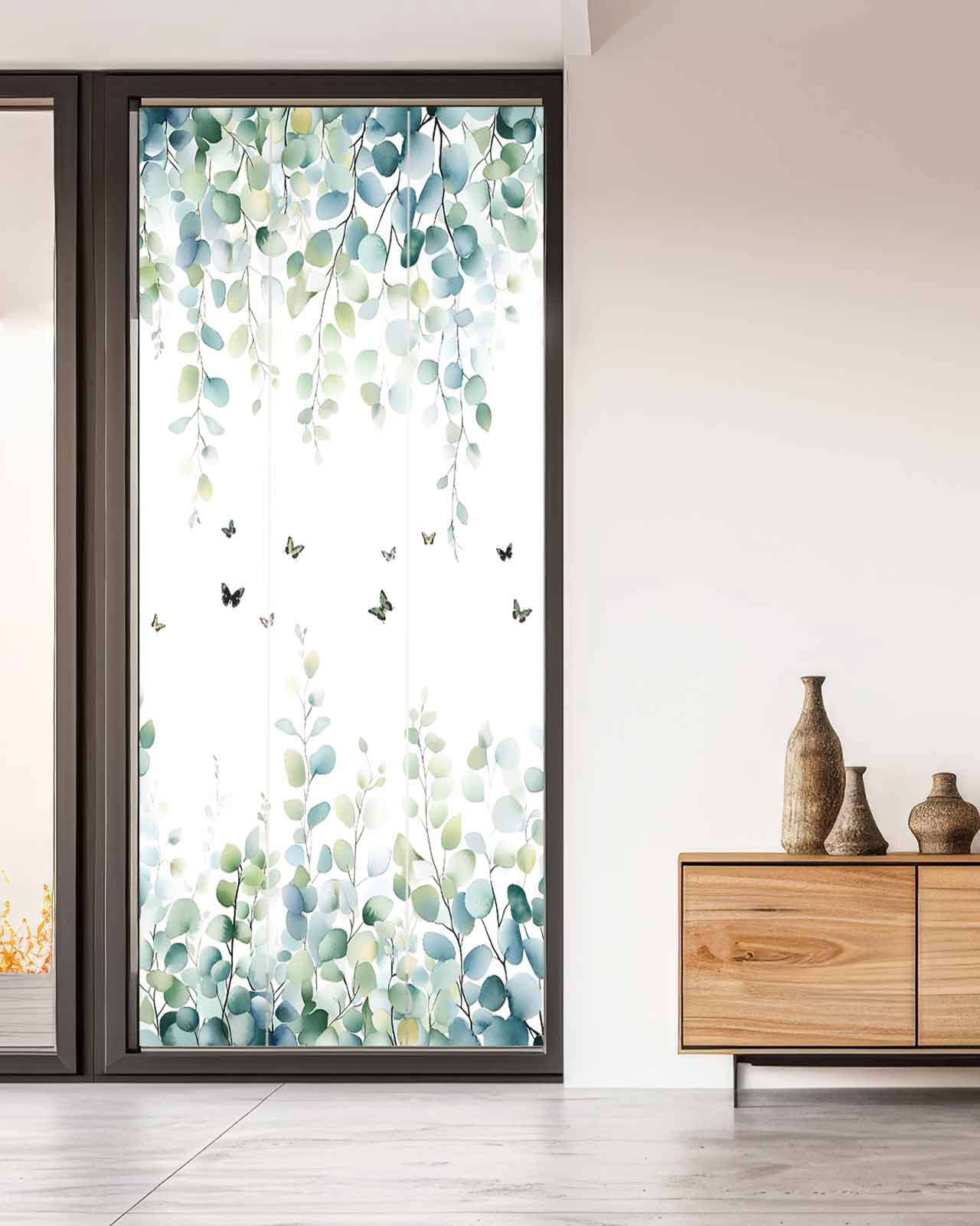 Window Privacy Film Blue Green Eucalyptus Stained Glass Window Film Decorative Sun Block Window Cover Sage Gradient Leaves Butterfly Window Clings Static Adhesive Sticker for Bathroom 35.4"x78.7"