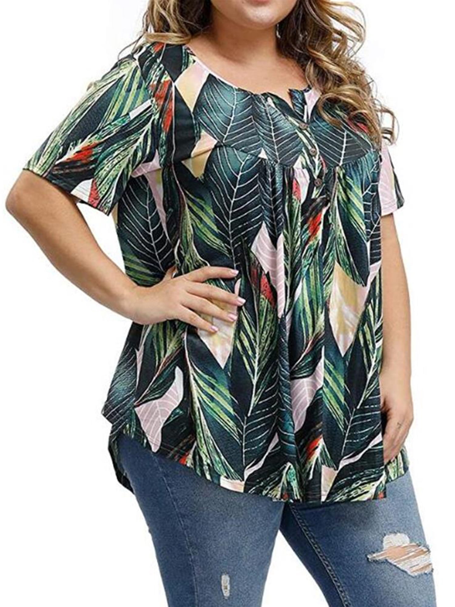 Women's Plus Size V Neck Floral Tops Short Sleeve Summer Loose T-shirts ...