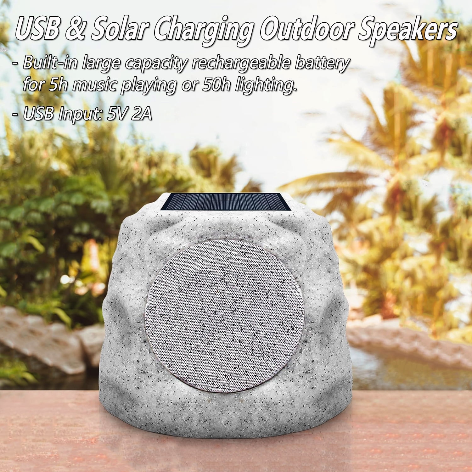 Postlucky 2 Pack Outdoor Solar Rock Speakers, Bluetooth, TWS Pairing, RGB LED Flashing, USB Charging, Waterproof, 7.3" Gray