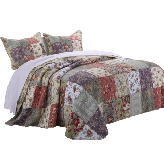 Benjara Chicago 3 Piece Fabric Full Bedspread Set with Jacobean Prints, Multicolor