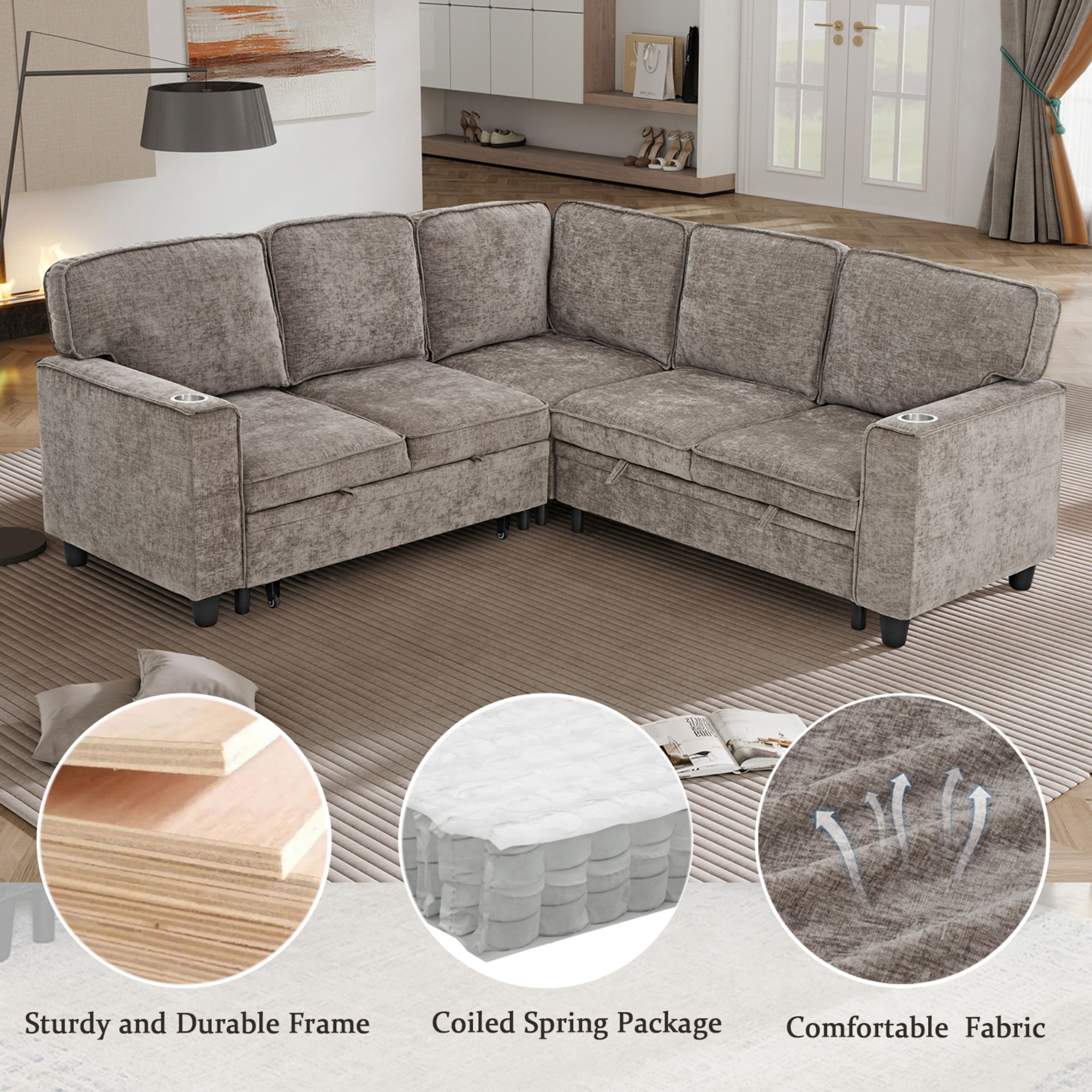 Gewnee L-Shaped Sectional Sofa,Modern Chenille Modular Sofa with Storage Function,USB‑C Charging Ports & Cup Holders,Pull Out Couch for Living Room,Light Brown