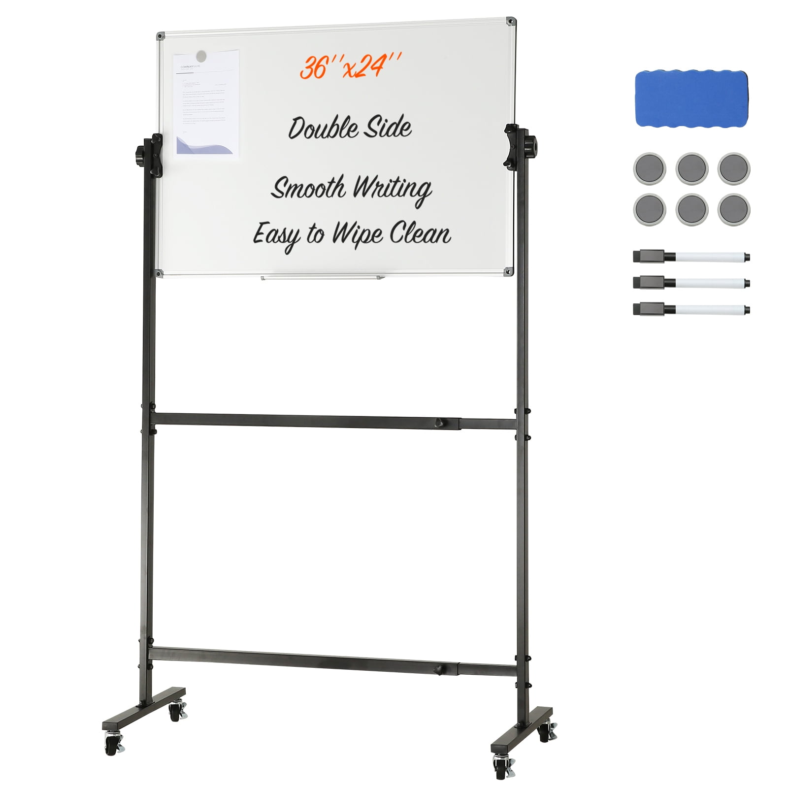 KFFKFF Movable Magnetic Whiteboard, Dual-faced Mobile Dry Erase Board 36x24 Inches, Height Modifiable with Rollers, Includes 1 Magnetic Eraser & 3 Dry Erase Markers & Portable Tray for Office, School