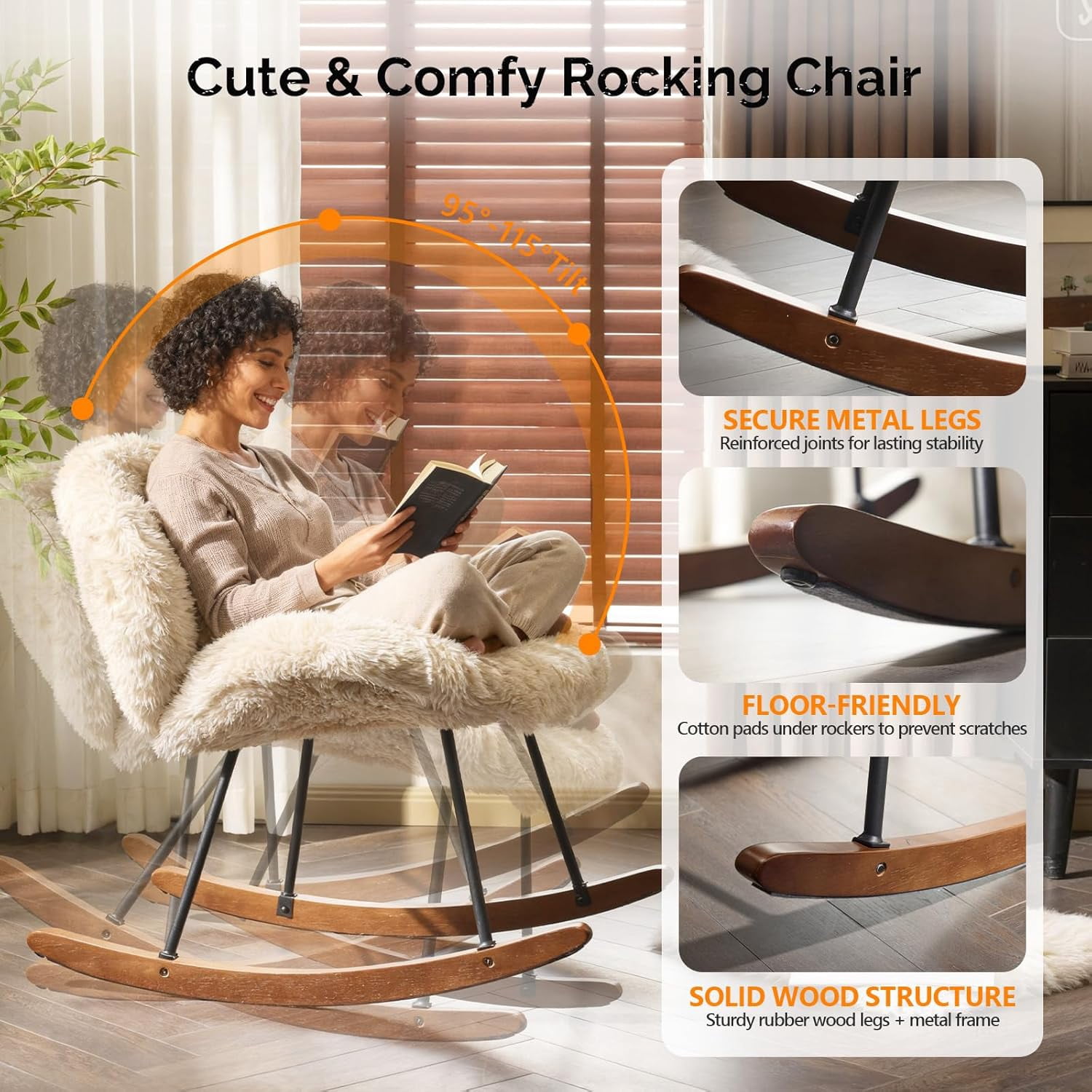 CHTER 25.6" Extra Wide Criss Cross Nursery Rocking Chair,Cute Curved 115° Reclining Armless Glider,Plush Small Rocker w/Pillow & Solid Wood for Indoor,Bedroom, Living Room,Fluffy Fleece,Sandy Beige