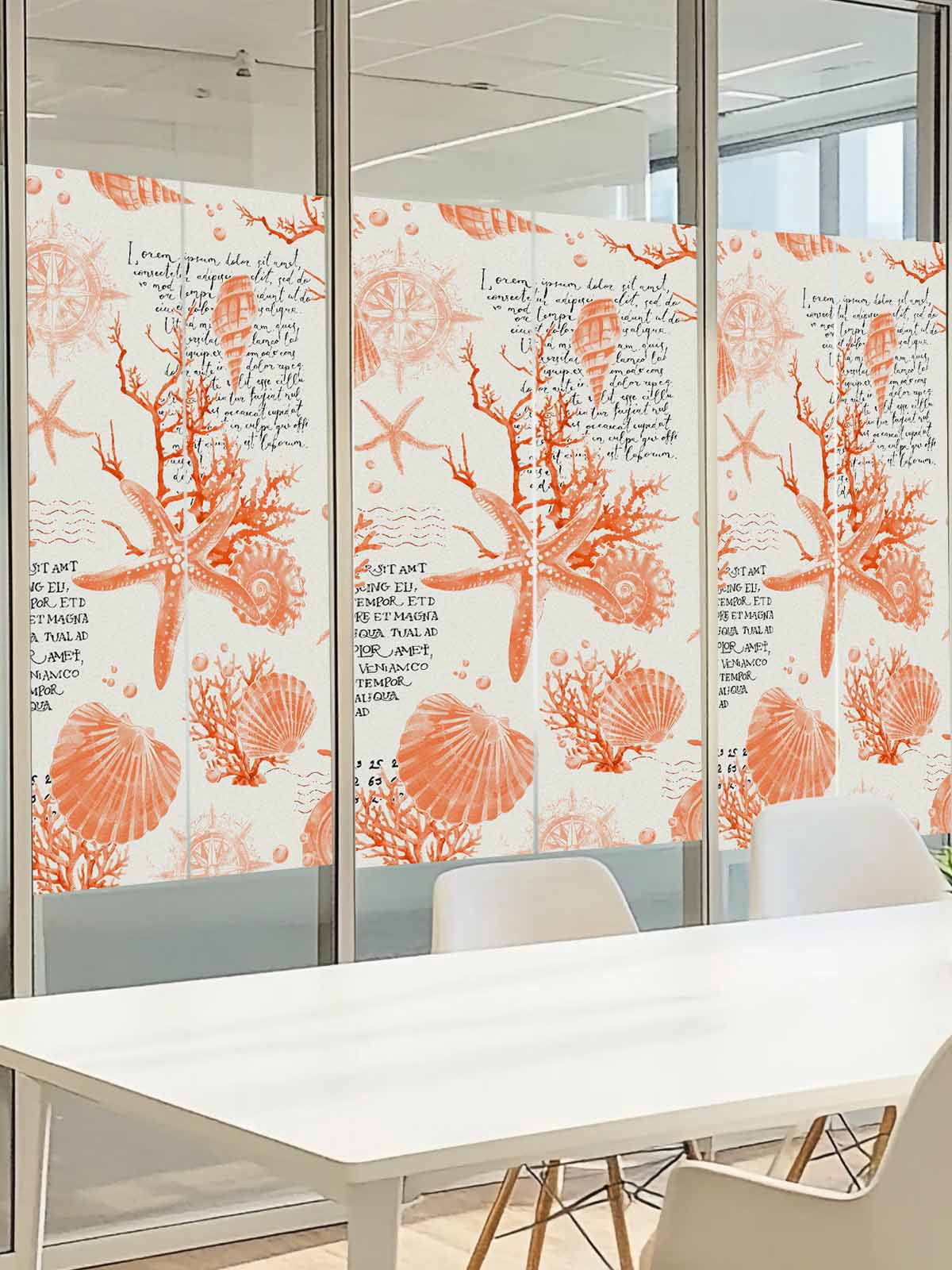 Orange Coastal Window Privacy Film, Starfish Shell Coral Seahorse Frosted Glass Window Clings Static Cling UV Heat Blocking Reusable Door Sticker for Bathroom 23.6 x 59 Inch