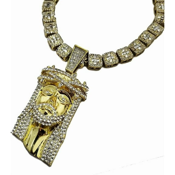 Hip Hop Iced Gold Plated Large Jesus Head Cubic Zirconia Pendant & 12mm 16" Iced Baguette Stone Chain Jewelry Bling Fashion Necklace Set