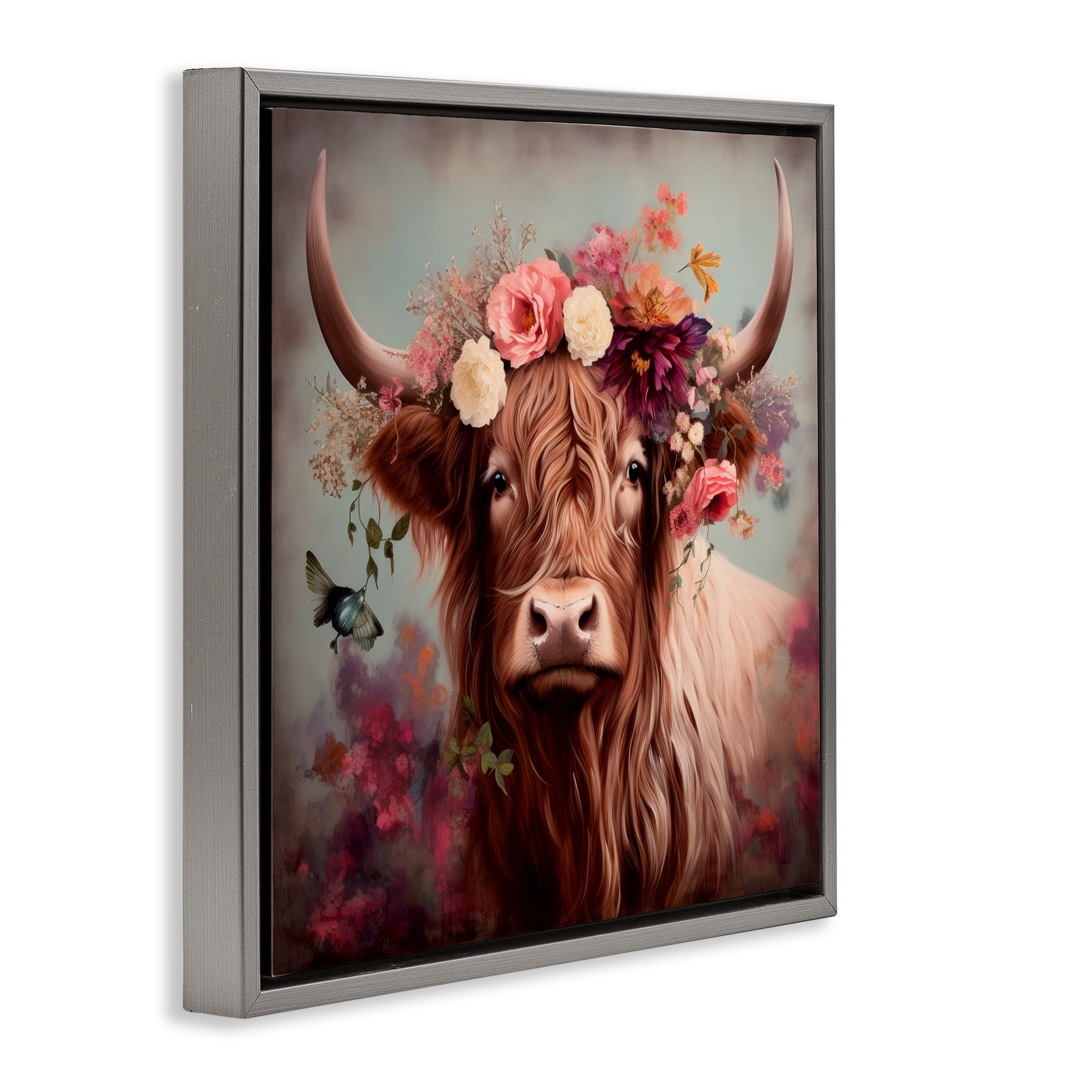 Stupell Industries Longhorn & Flower Garland Animals & Insects Painting Gray Floater Framed Canvas Art Print Wall Art, 18 x 18