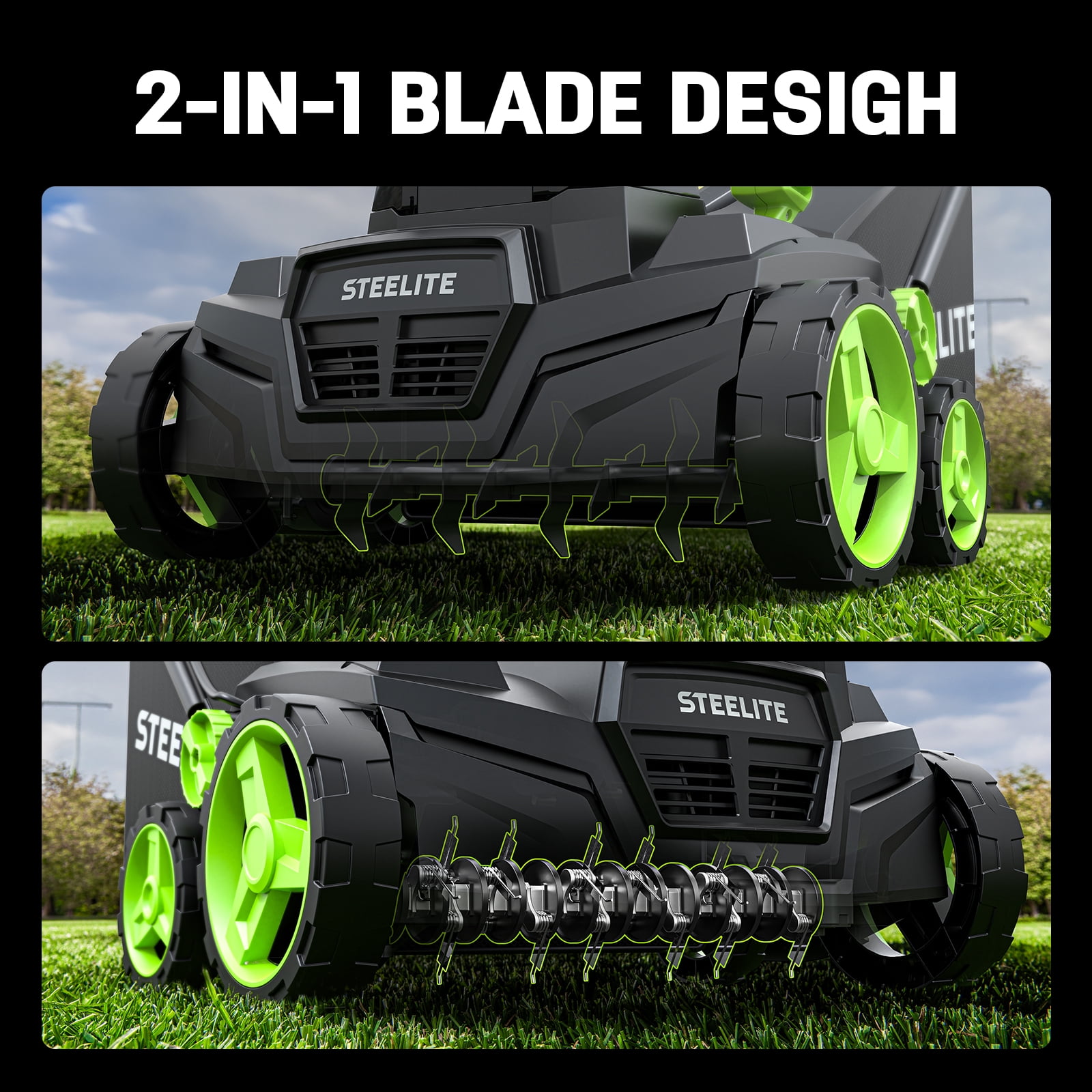 Steelite 2x21V 15-Inch Cordless Dethatcher and Scarifier with Brushless Motor, 2-in-1 Battery Powered Dethatcher with Removable 11.9-Gallon Collection Bag and 2 x 4.0 Ah Batteries