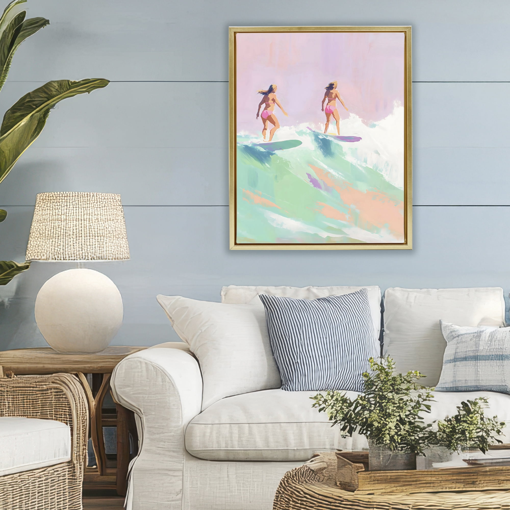 Stupell Industries Two Surfing Girls on Wave Gold Framed Floater Canvas Wall Art, design by The Prints Vibe