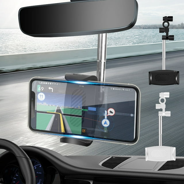 Soporte para el retrovisor - 4 portateléfonos retráctiles de aleación para coche, soporte de navegación giratorio a 360° para teléfonos de 4,5-7", blanco
