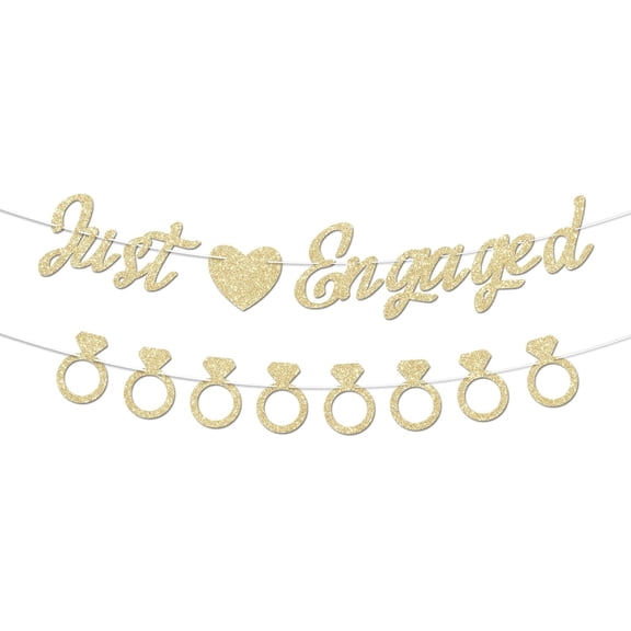 Just Engaged Banner, No DIY, Glitter Champagne Gold Engagement Party Decorations and Diamond Ring Banner Sign for Bridal Shower Wedding Shower Bachelorette Party Decorations.