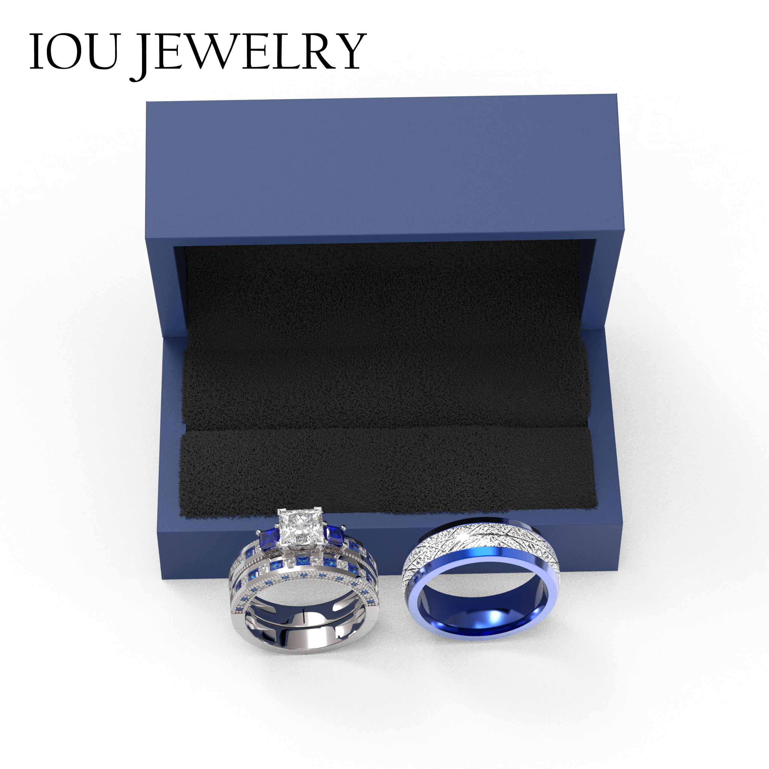 3pc Couples Wedding Ring Sets His And Hers Women Sterling Silver Blue Moissanite and men Wedding Bands Together With Ring Gift Jewelry Box