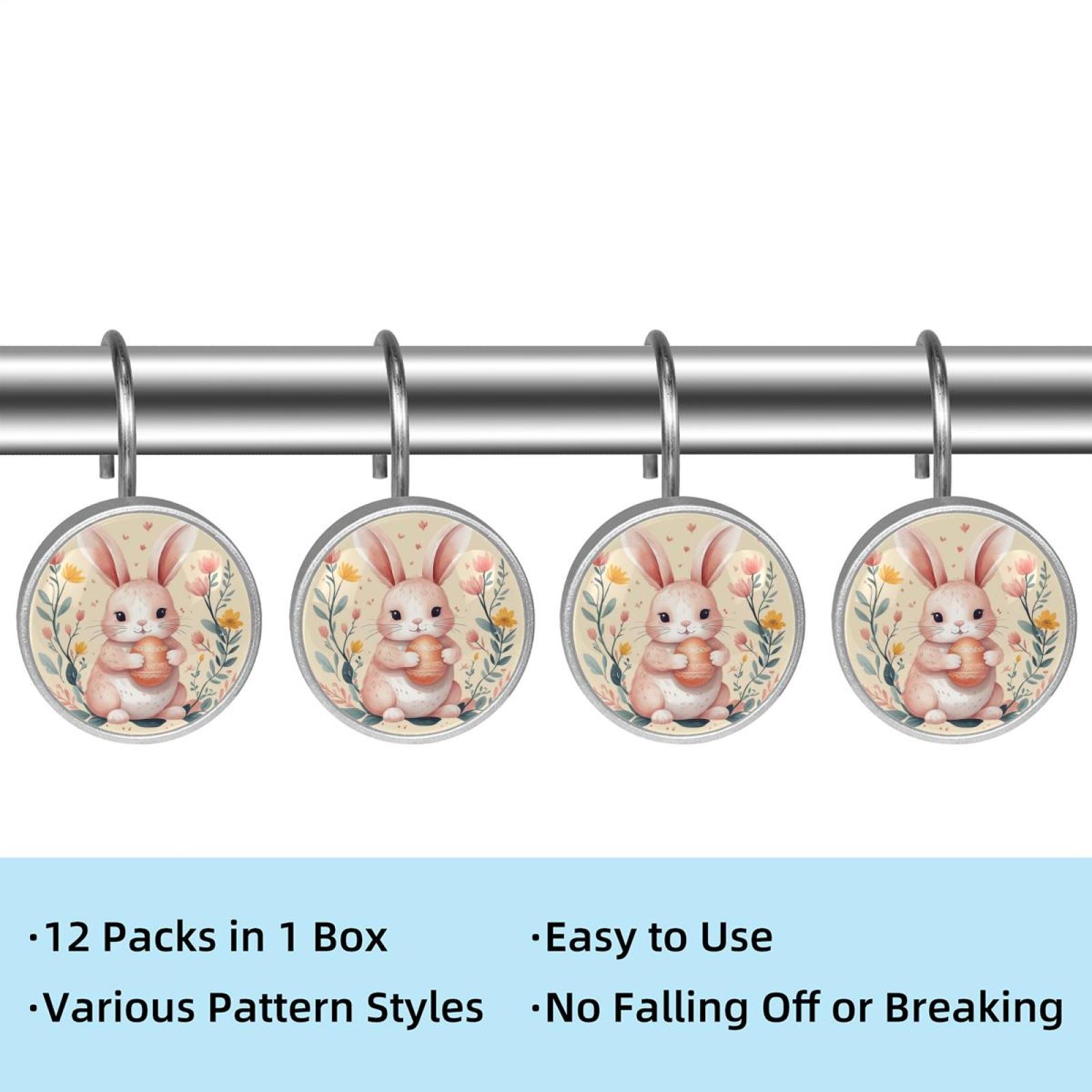 Imobaby 12 Pcs Metal Shower Curtain Hooks Rust Proof for Shower Curtain Liner - Pink Bunny Flower