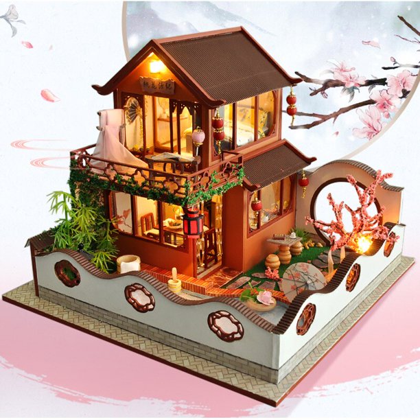 DIY Wooden Chinese Architecture Dollhouse Kit Assembled Miniature Yard Doll House Model Toys For Children Adult Gifts heqiyong LED