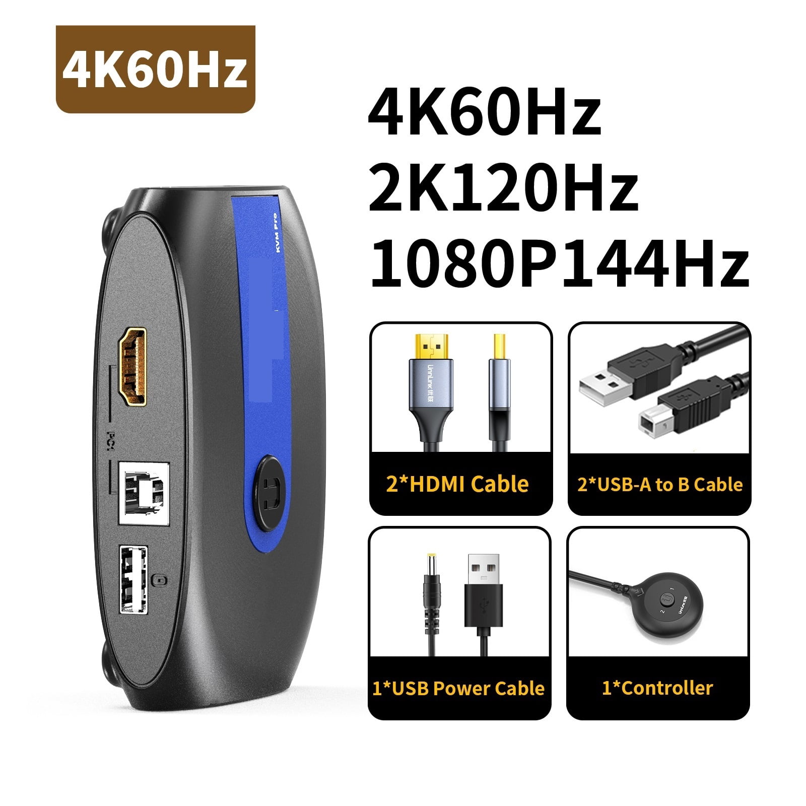 4K 60Hz KVM Switch 2 PC 1 Monitor, Ultra HD Selector with Extended Button