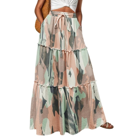 Womens Boho Maxi Skirt 2026 Summer Cruise Casual High Waist Flowy Long Skirt with Pockets for Beach Vacation