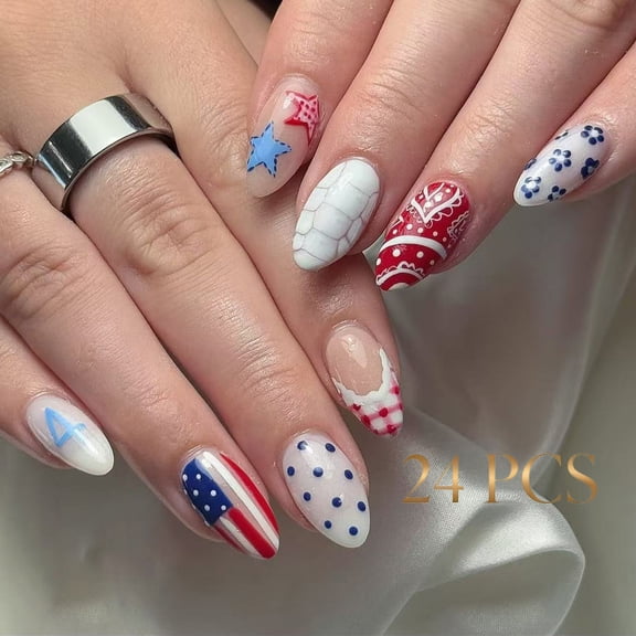 4th Of July Independence Day French Tip Press-On Nails, Almond,Red White Blue,Medium Length, 24 Count,B