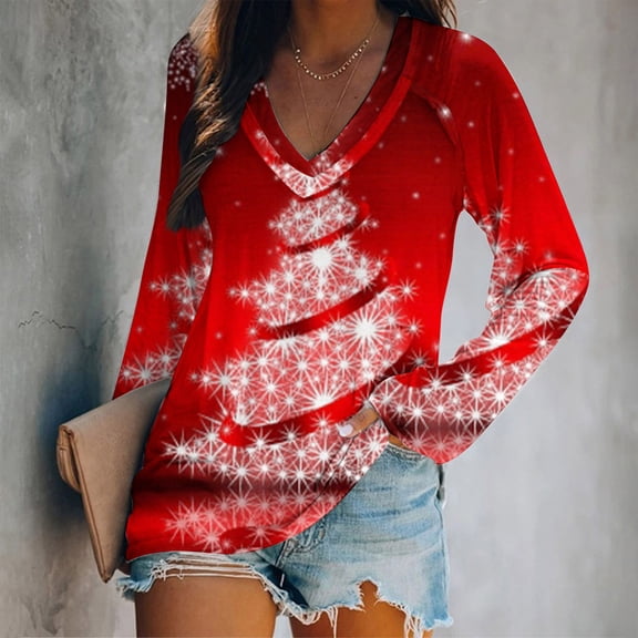 Pntutb Clearance Womens V-Neck Casual Christmas Print Raglan Long Sleeve T-Shirt Tops