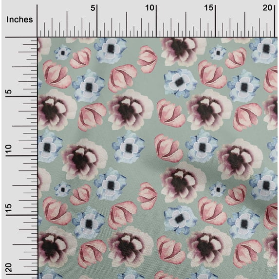 oneOone Cotton Poplin Dusty Green Fabric Flower Watercolor Sewing Craft Project Fabric Prints By Yard 42 Inche Wide