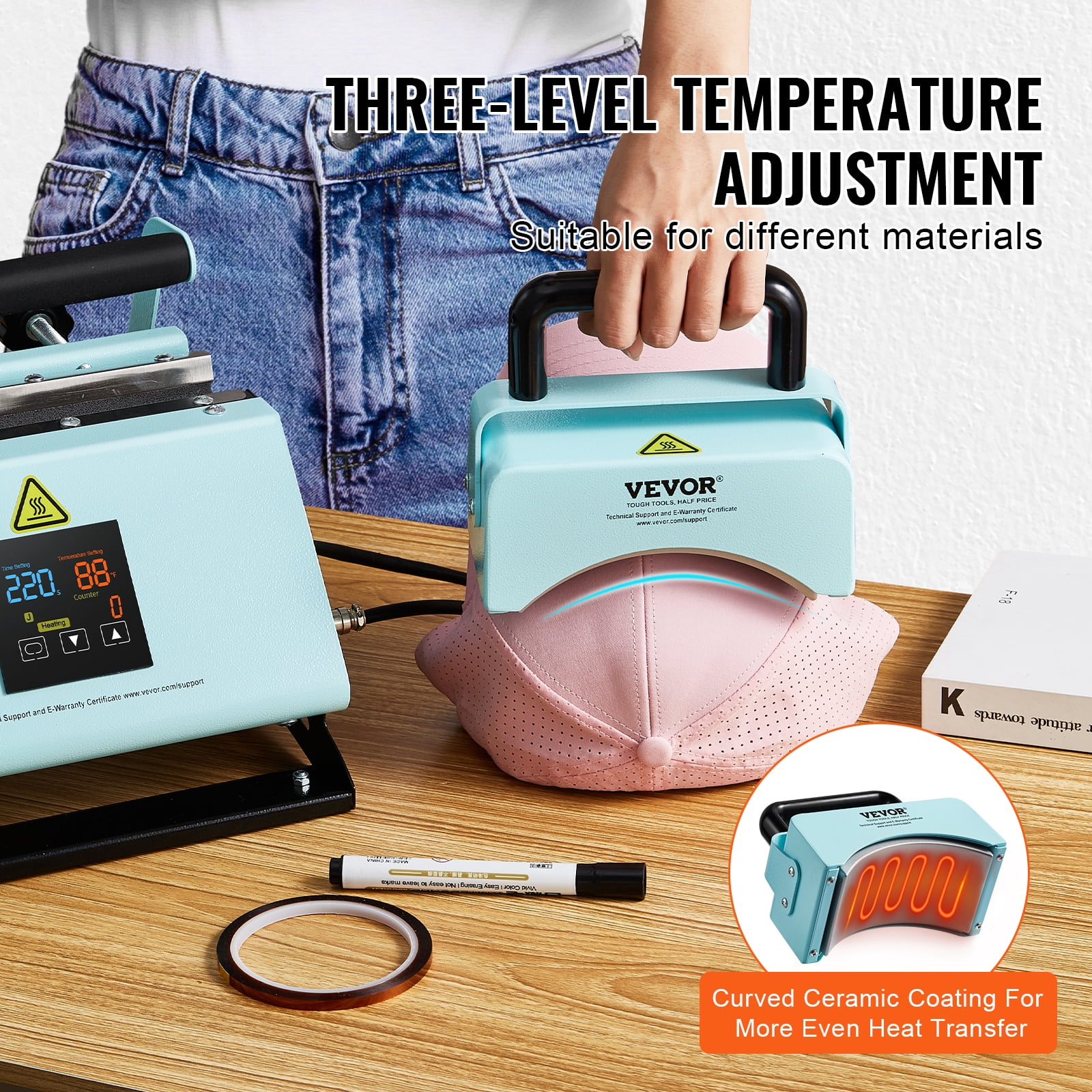 VEVOR 2 in 1 Tumbler and Hat Heat Press Machine, Mini Hat Heat Press for Caps and Hats, Tumbler Heat Press for 11-30oz Sublimation Tumblers and Mugs, Temperature and Time Control, Green