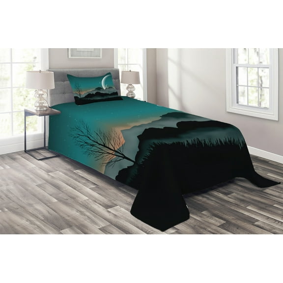 Ambesonne Space Quilted Coverlet 2 Pcs, Night Sky on Mountain, Twin Size, Teal Black