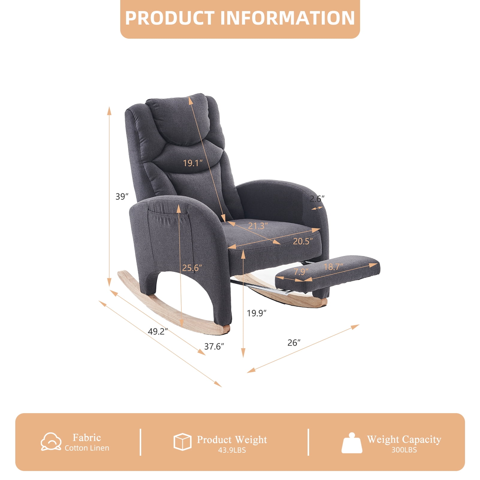 ALAKFORM Rocking Chair Nursery with Foot Rest,Cotton Linen Glider Rocker with Wood Legs, Nursing Rocking Chair Indoor for Living Room/Nursery,Dark Gray
