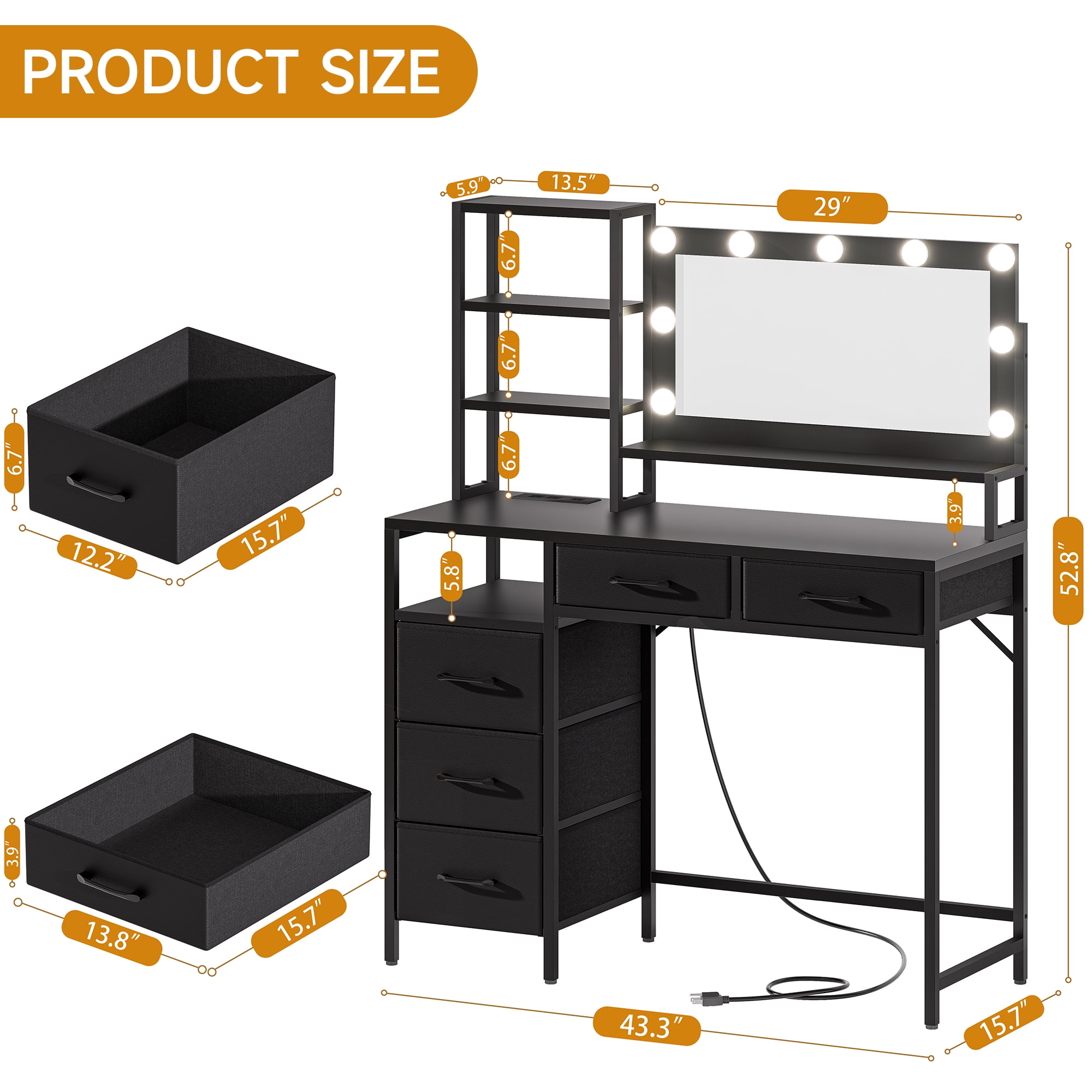 Vanity Desk with Mirror, 9 Lights, 3 Color Modes with Adjustable Brightness, 5 Spacious Fabric Drawers & Storage Shelves, Makeup Vanity with Power Outlets, Modern Vanity Table for Bedroom, Black