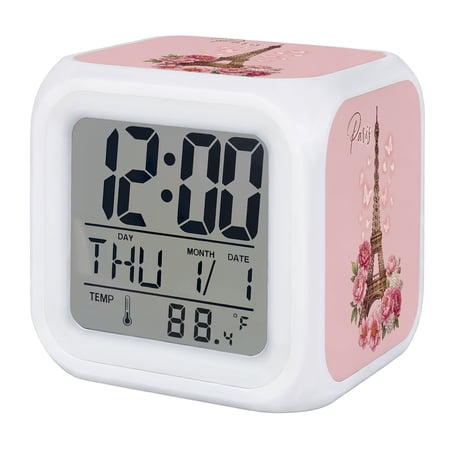 Paris Eiffel Tower Digital Alarm Clock for Bedrooms,Smart LED Alarm Clock with 7 Color Changing Night Light,Pink Rose Romantic Floral Butterfly Silent Wake Up Clocks for Sleep Study Cooking 3.2x3.2