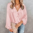 thumbnail image 2 of Pompotops Ladies Solid Color V-Neck Lantern Long-Sleeved Button Casual Shirt Top, 2 of 8
