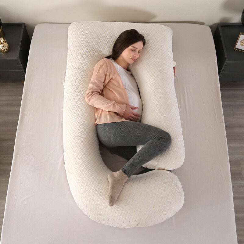 TOPCHANCES Pregnancy Pillow, J-Shape Full Body Maternity Pillow for Side Sleeping with Removable Cover, 27 * 57inch, Light Gold