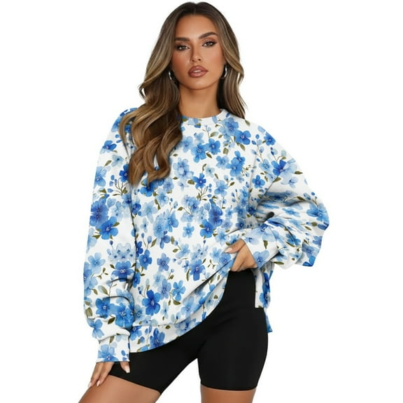 Xoenoiee Blue Cherry Blossom Print Womens Oversized Sweatshirts Split Pullover Crewneck Shirts Fall Outfits Women Y2k Winter Clothes with Pockets, Size S